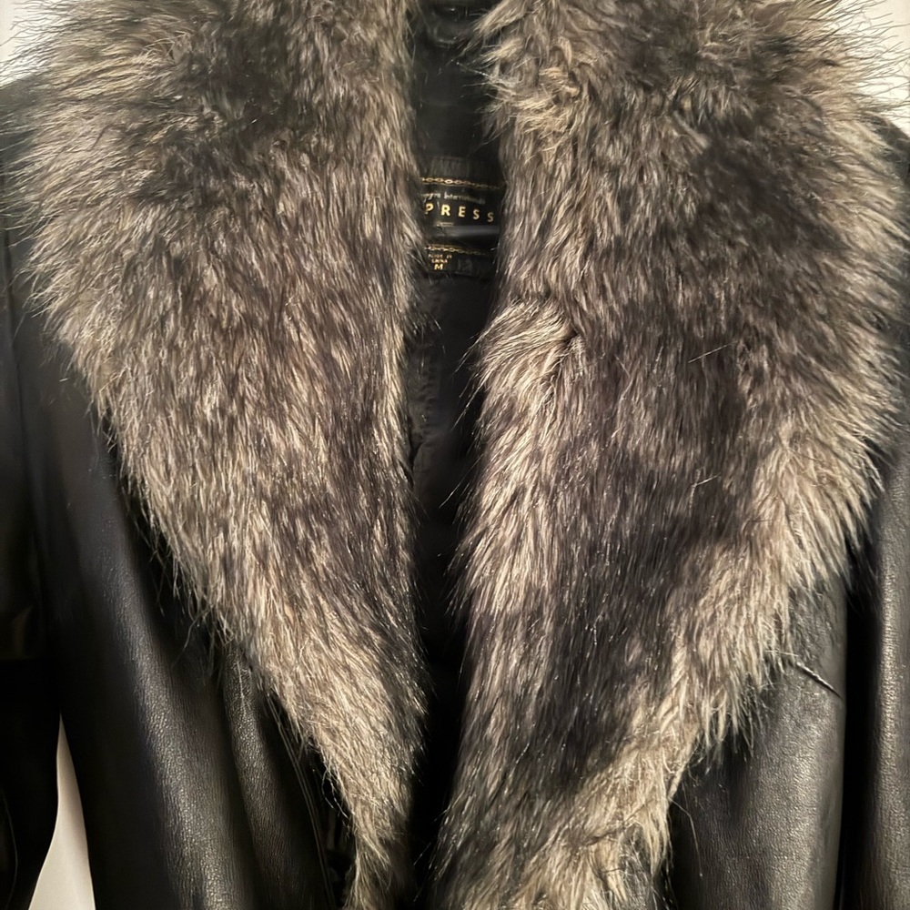 Express Black Leather Jacket with Faux Fur Collar